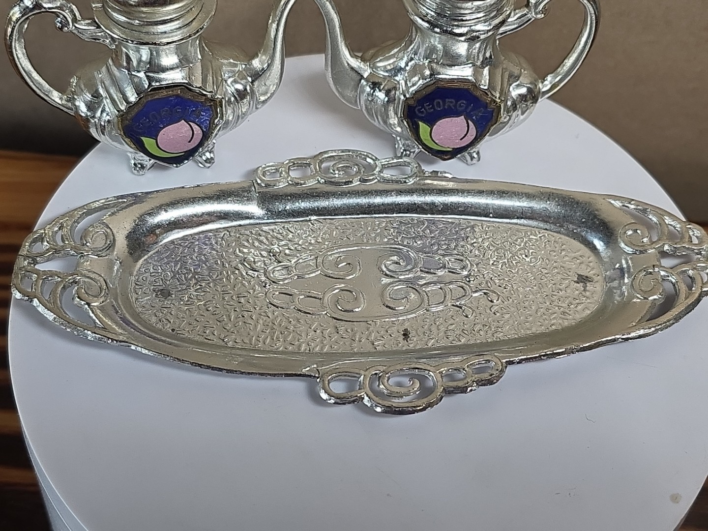 Vintage 1960s-70s Salt & Pepper Shakers Tea Set w/ Serving Tray Georgia