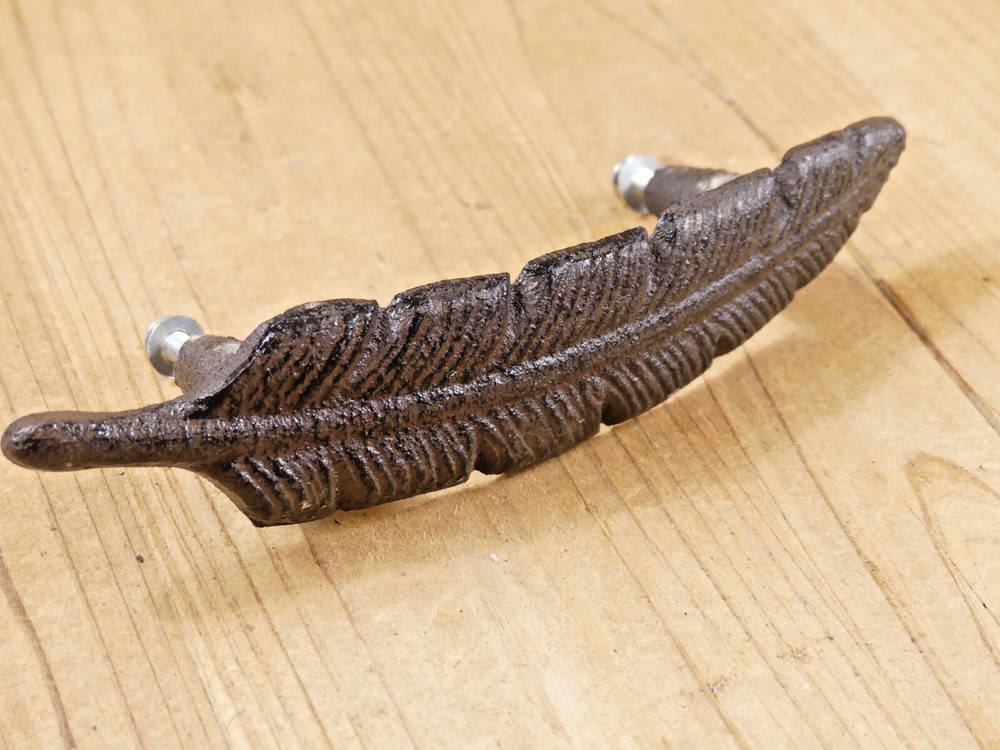 10 Drawer Pulls W/ Screws Handles Knobs Rustic Feather Cast Iron Dresser Kitchen