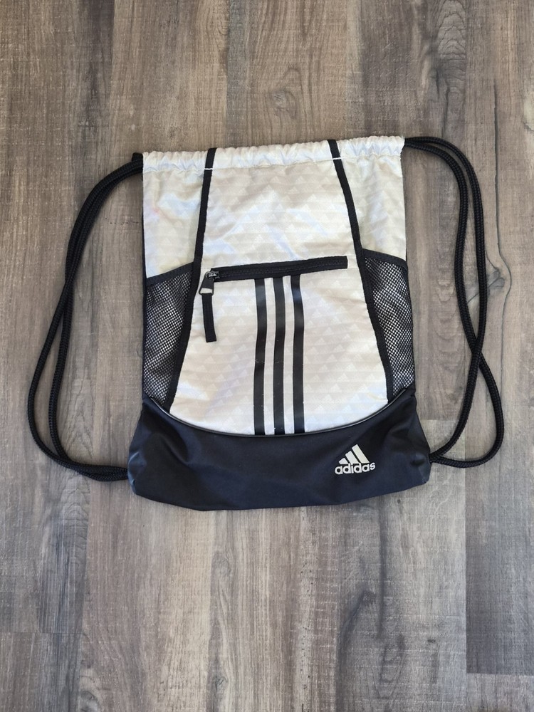 adidas Drawstring Gym Bag Black White Polyester Zip Adjustable Strap 3 Pockets