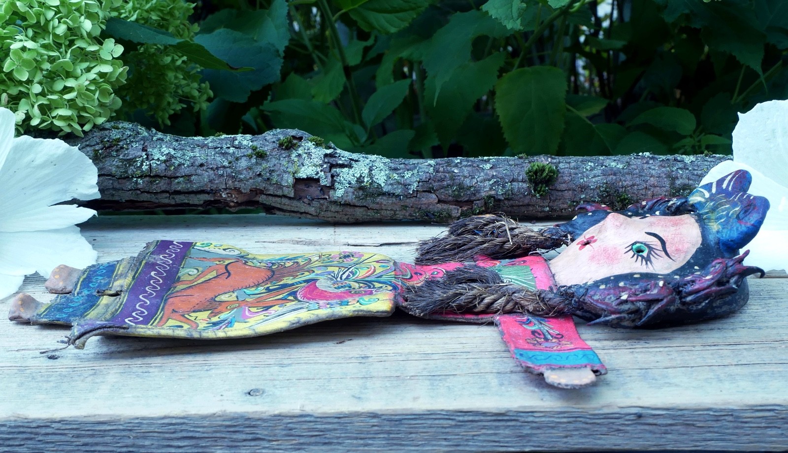 Girl Fish Hat Hand Painted Bird & Deer Handmade Canvas & Coconut Mexico Folk Art