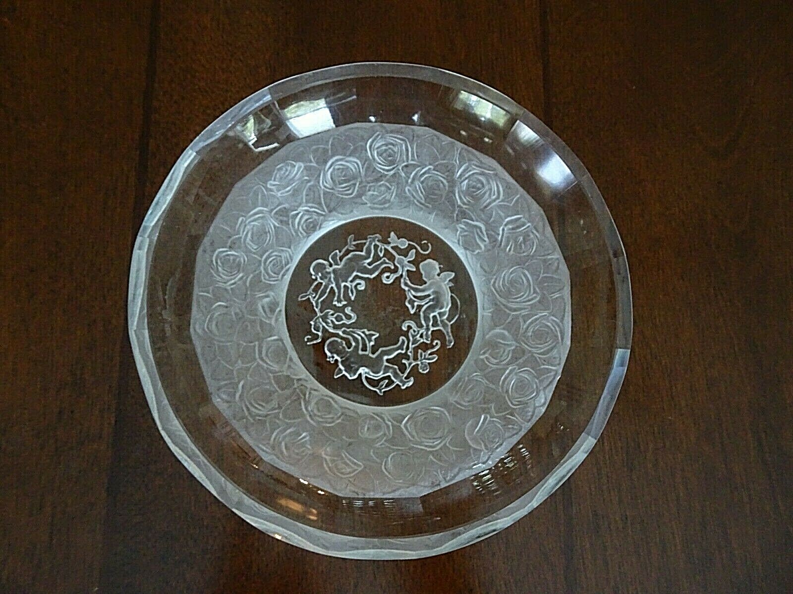 1930's Hoffman Bohemian Art Glass Crystal Frosted CHERUB & Roses Trinket Dish