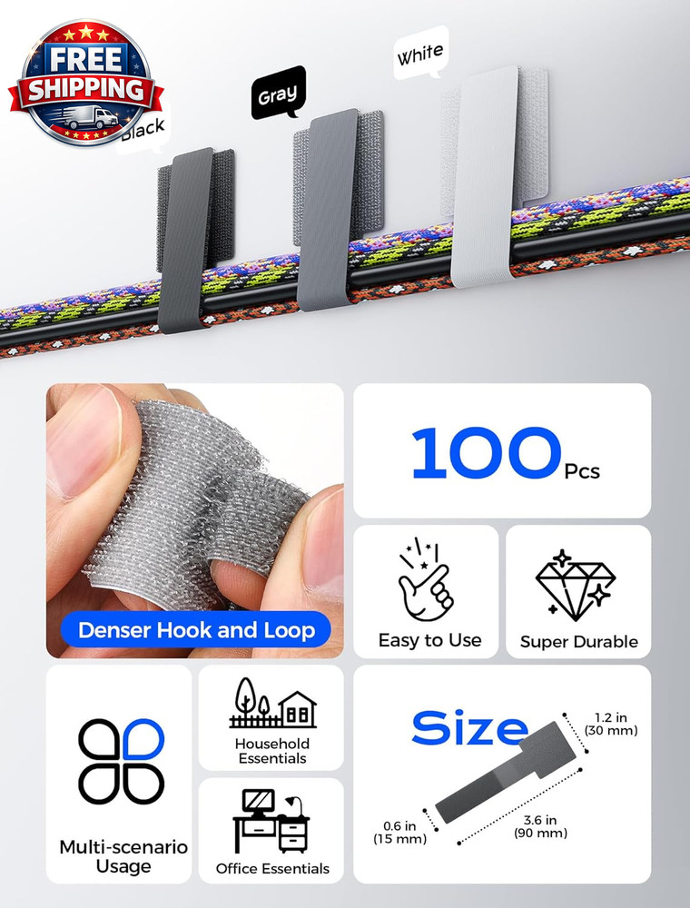 100Pcs Adjustable Hook and Loop Cable Ties for Easy Wire Management
