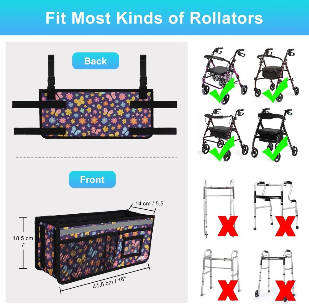 Rollator Basket, Rollator Walker Bag w/Cup Holder, Foldable Rolling Walker Wa...