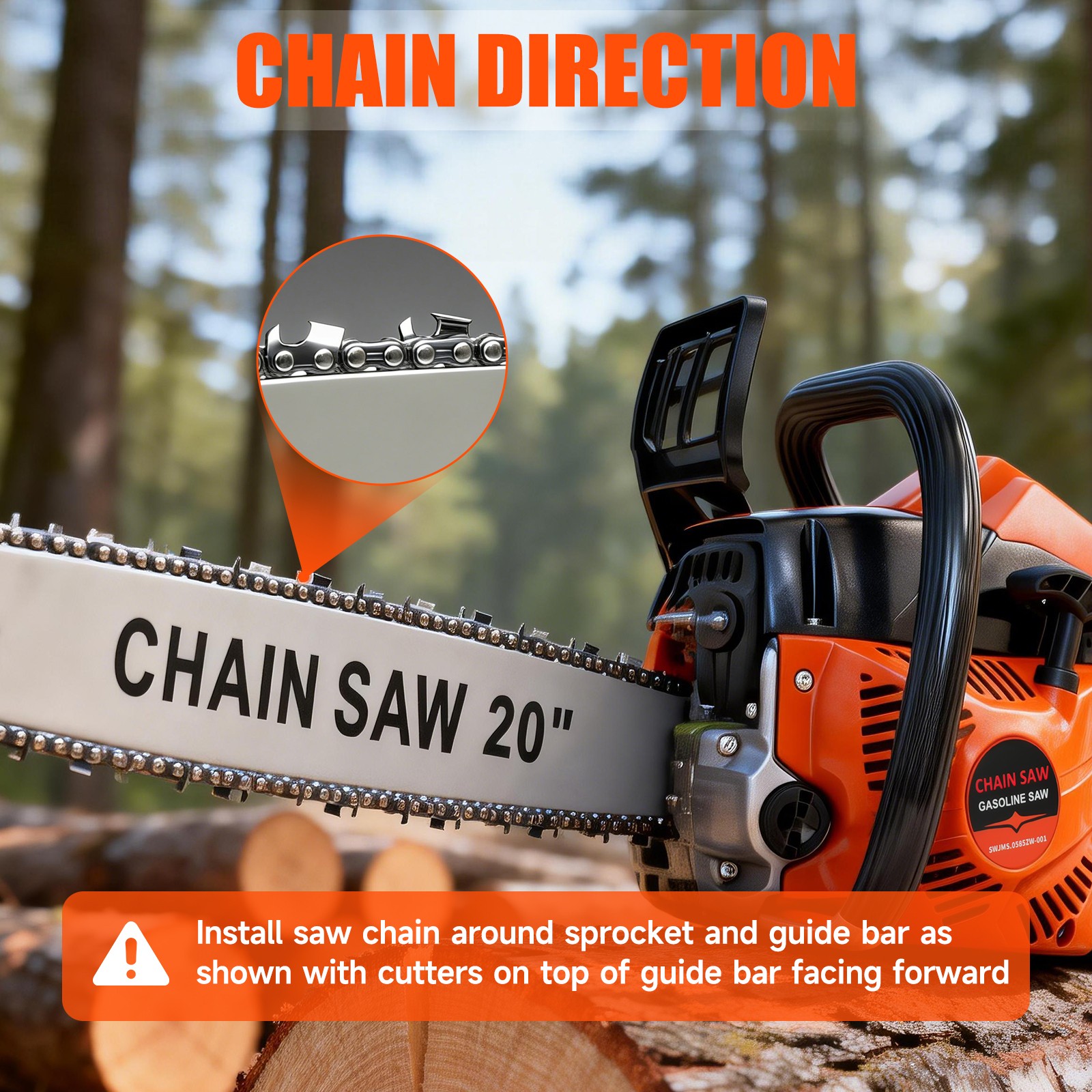 62cc Gas Powered Chainsaw with 20'' Guide Bar Saw Chain 2-Stroke Engine Cut Wood