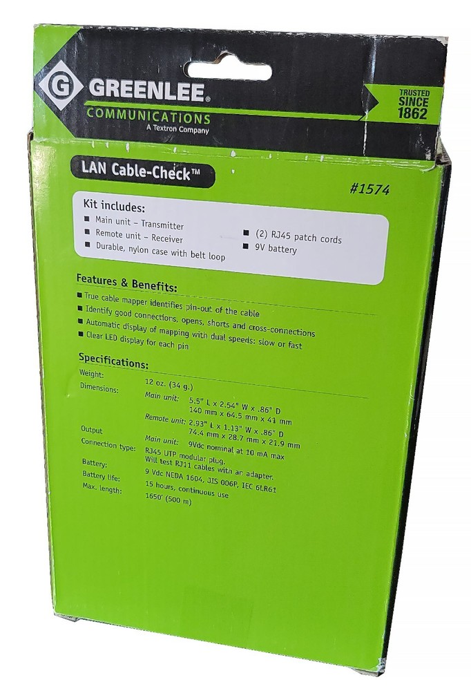 Greenlee #1574 LAN Cable Check for Testing UTP & Phone Patch Cables Kit