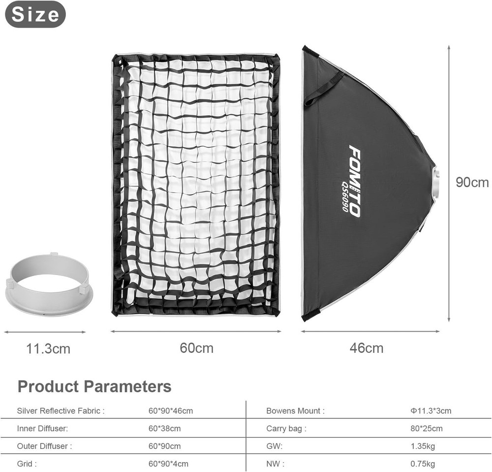 24"x35"/60x90cm Rectangular Softbox, Quick Release Bowens Mount Softbox with ...