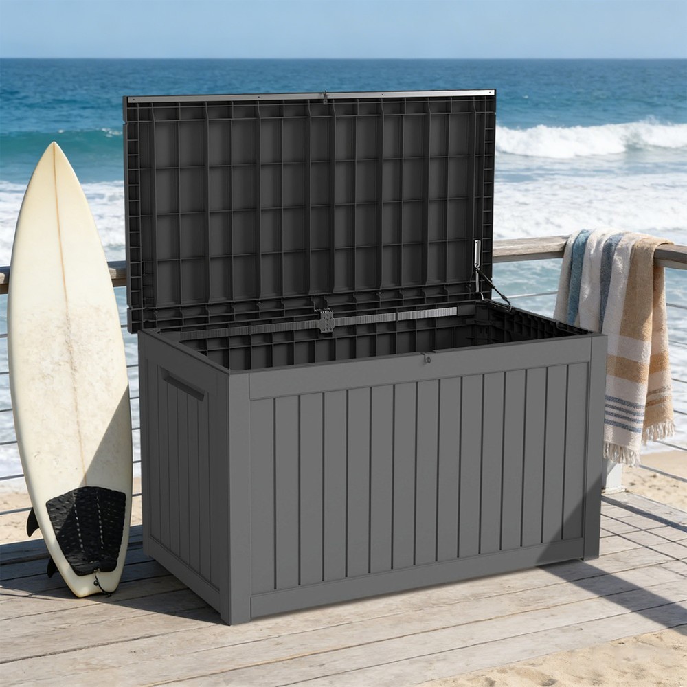 230 Gallon Large Resin Deck Box Extra Bench Seating Easy Assembly Lockable BLACK