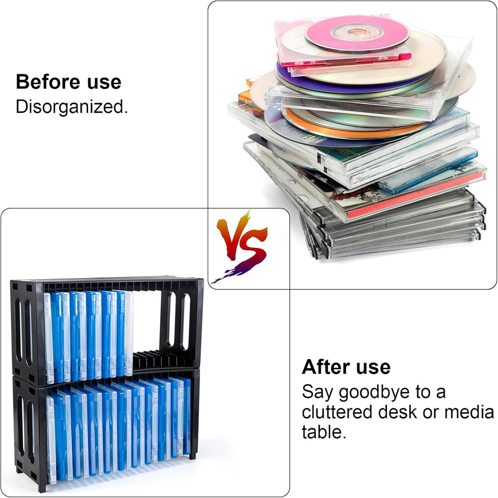DVD Storage Rack, Stackable ABS 2 Pack DVD Storage Organizer Can Hold 40 Slim DV
