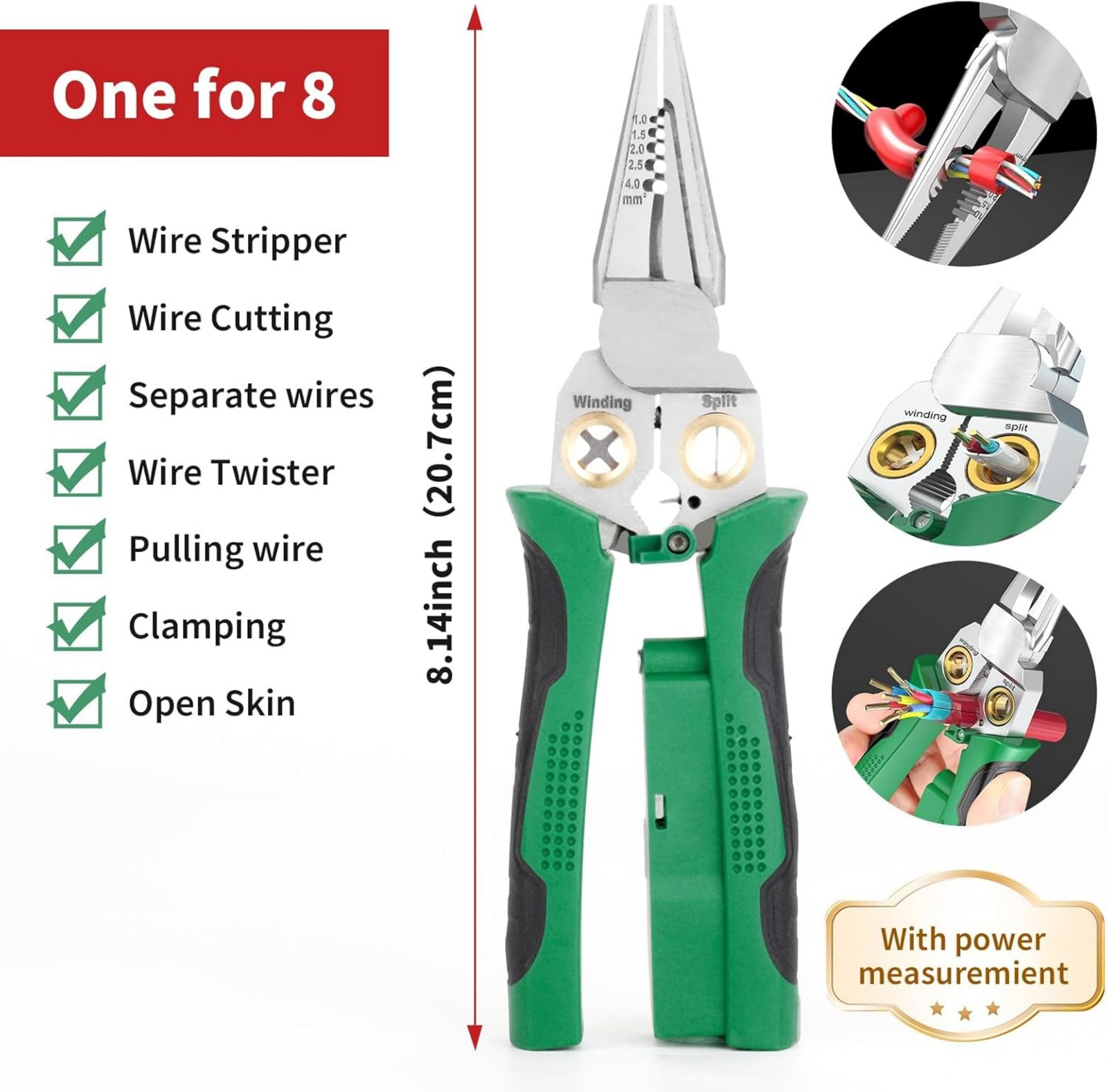 8-In-1 Wire Stripper Twister Green Durbale Cable Scissors Voltage Tester Pliers