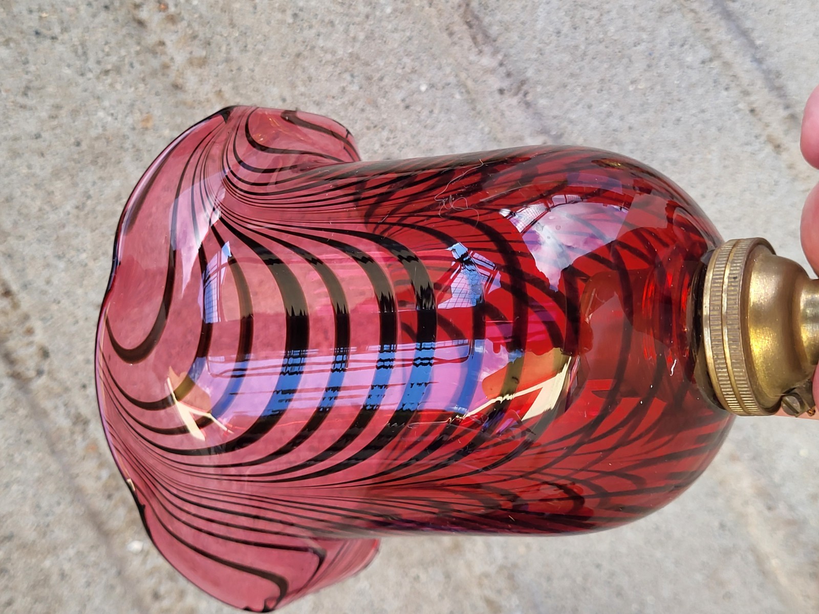 Set Of 4 Vintage Cranberry Swirl Glass Pendant Lamps, Ceiling Roses, Chains