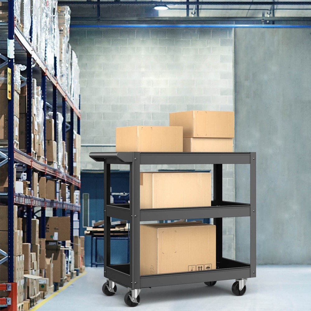 3-Layer Rolling Service Utility Cart with Flat Handle 2 Lockable Universal Wheel