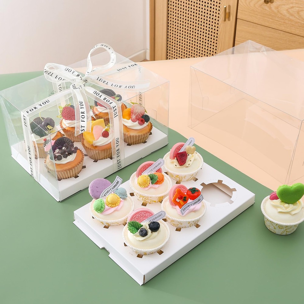 5 PCS Clear Cupcake Boxes With Ribbon 6 Count Plastic Tray Container White