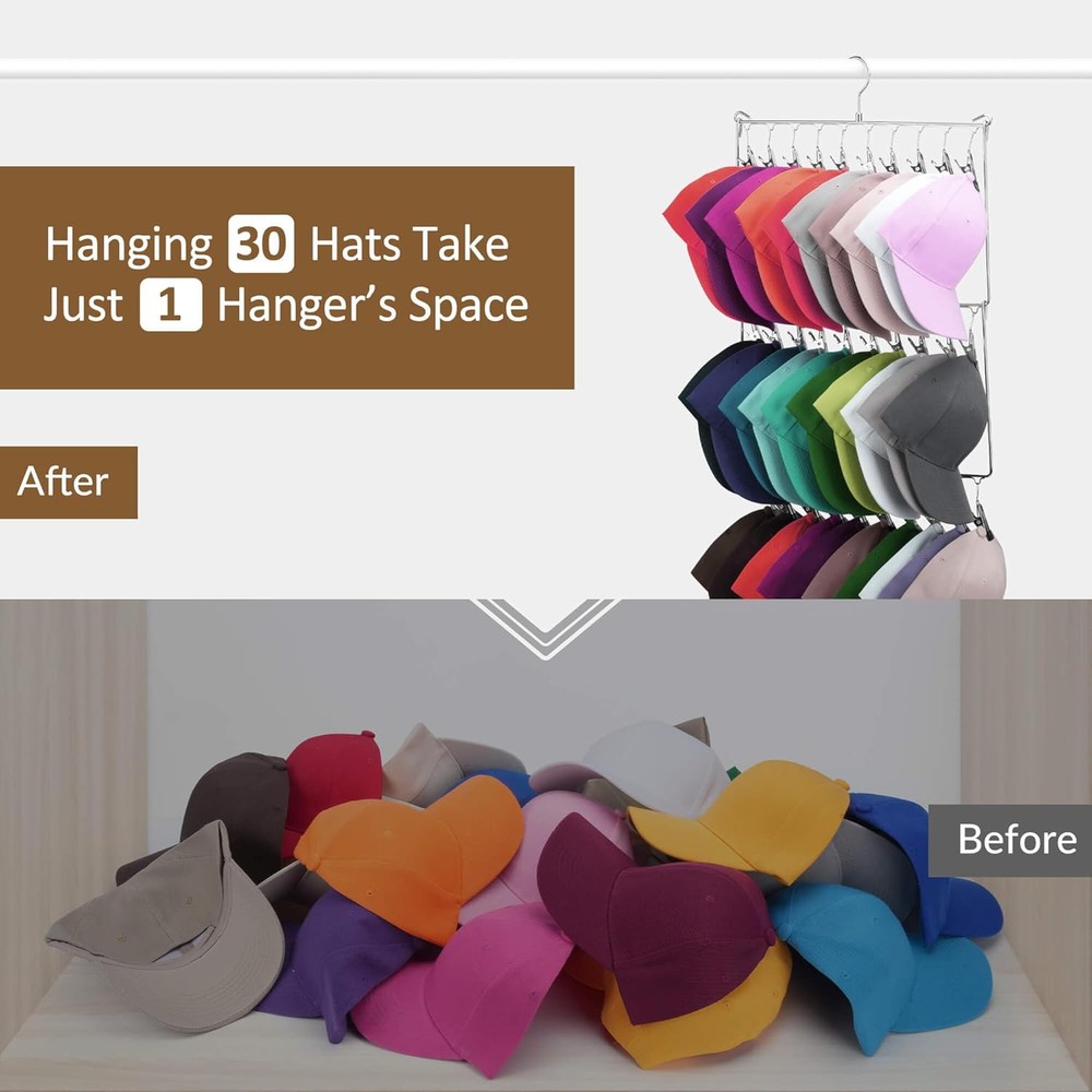 ZEDODIER Hat Hanger Rack for Baseball Caps, 30 Hooks, Space Saving Silver