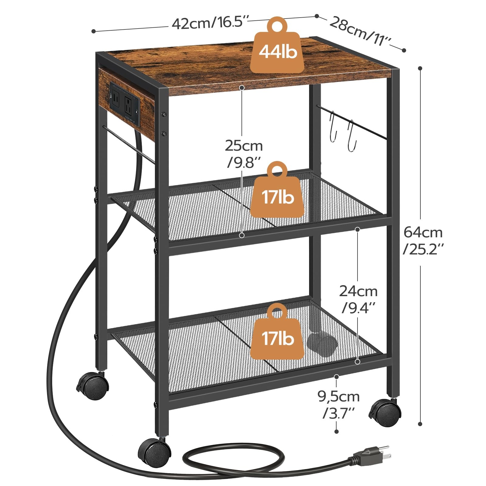 Industrial Printer Stand, 3-Tier Mobile Printer Table, Rolling Cart with Powe...