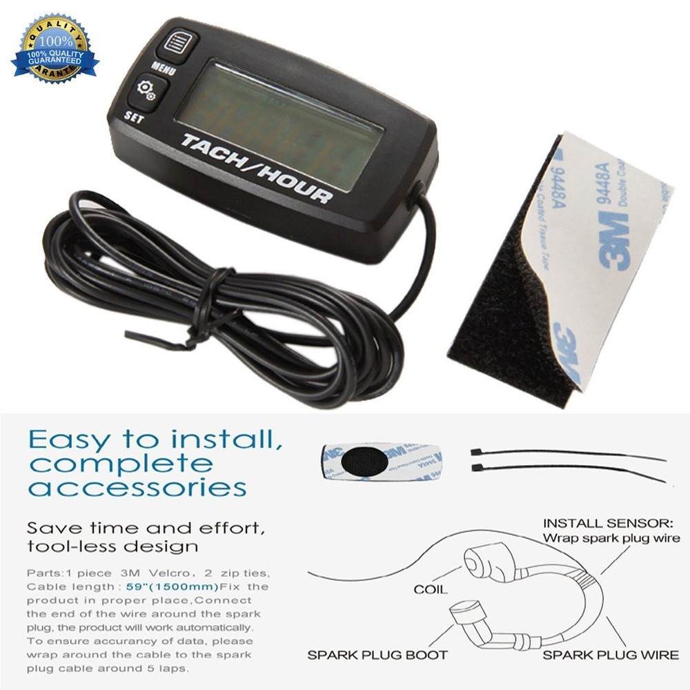 Engine Hour Meter Inductive Tachometer Backlit Gauge Digital Resettable Tach ...