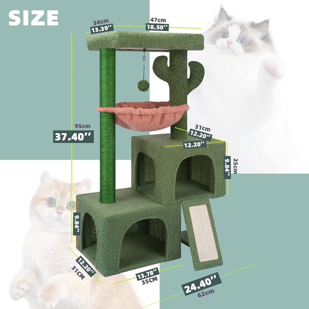 Chic 37.4" Cactus Cat Tree: Multi-Level Tower with Cozy Hammock & Scratching Pad