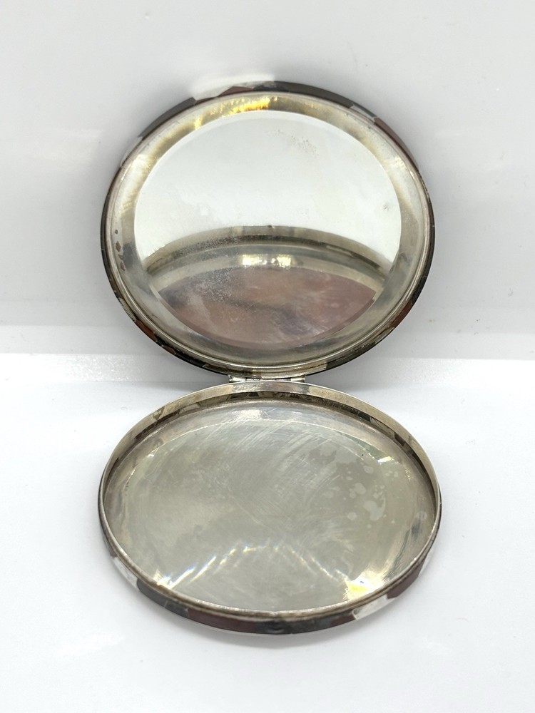 Vintage 950 grade Solid Silver Niello Compact Mirror Case - geometric pattern