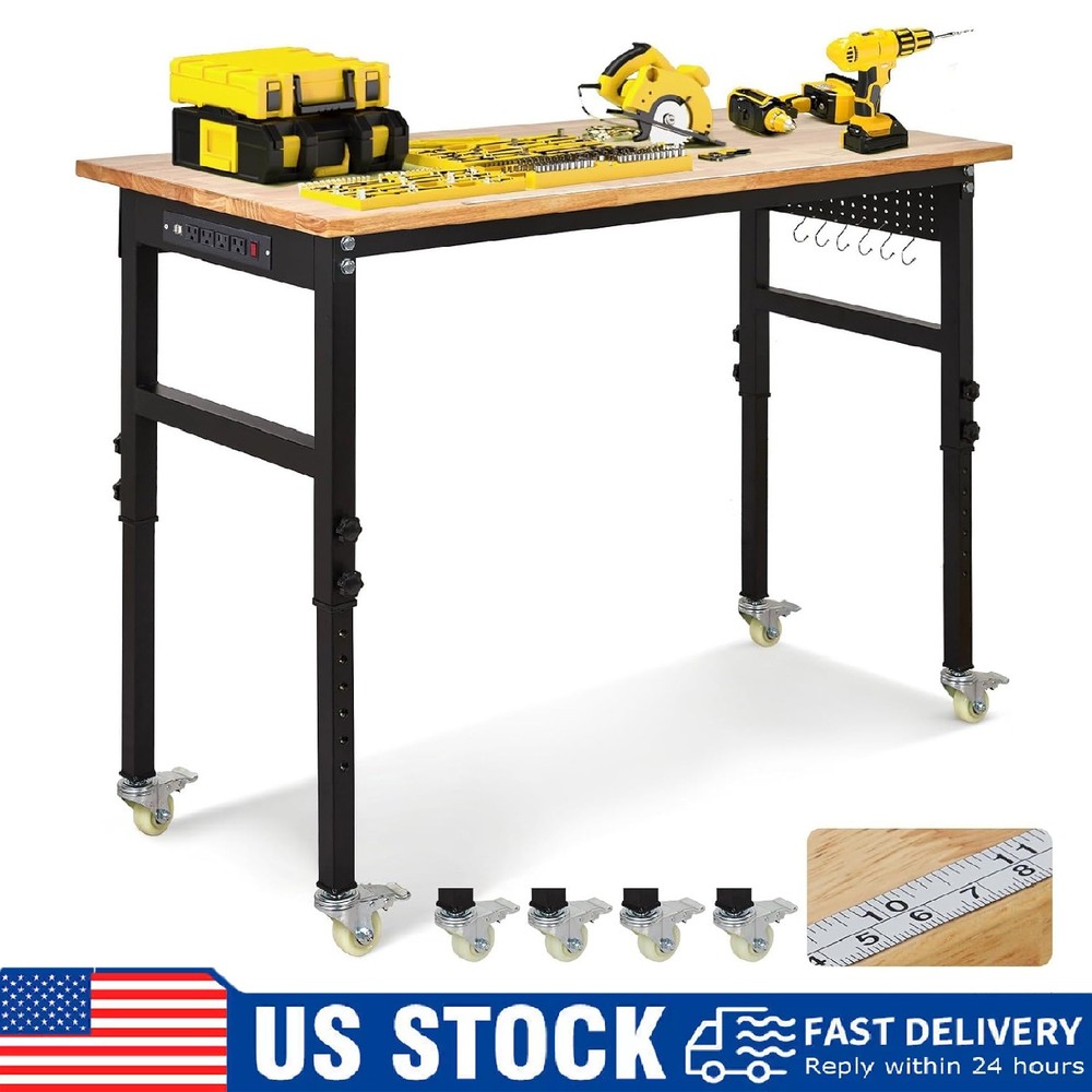 48" Adjustable Workbench, Heavy Duty Work Bench Table w/Pegboard & Power Outlets