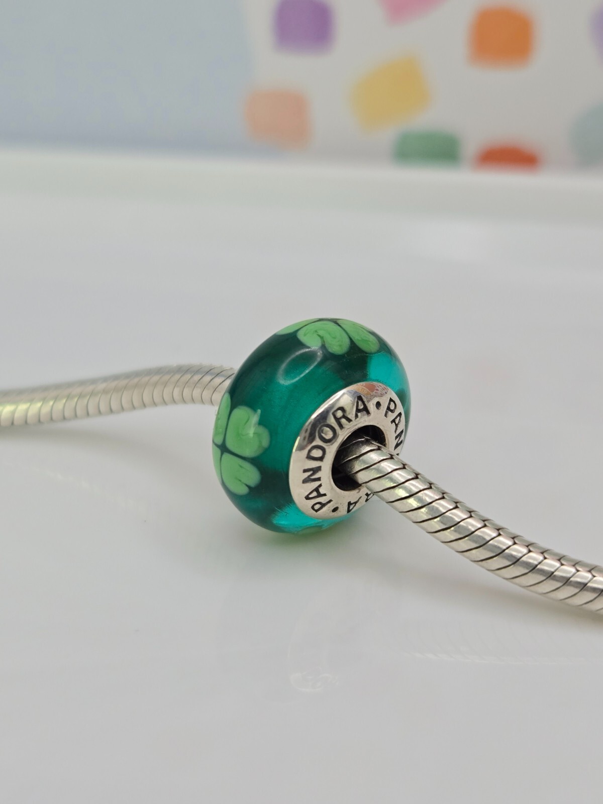 Authentic Pandora Green Lucky Clover Murano Silver Bead glass moments Charm