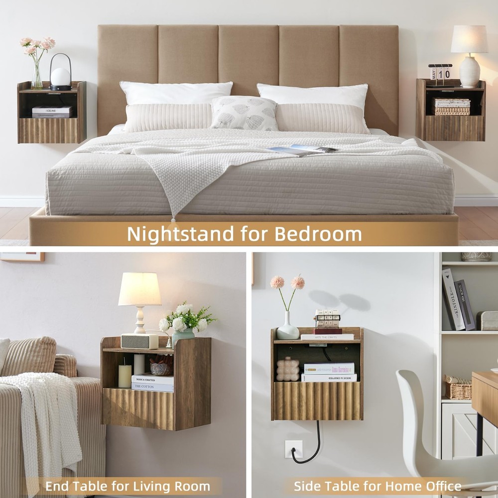 Modern Fluted Floating Nightstand Wall Mounted - Bedside Table with Storage D...