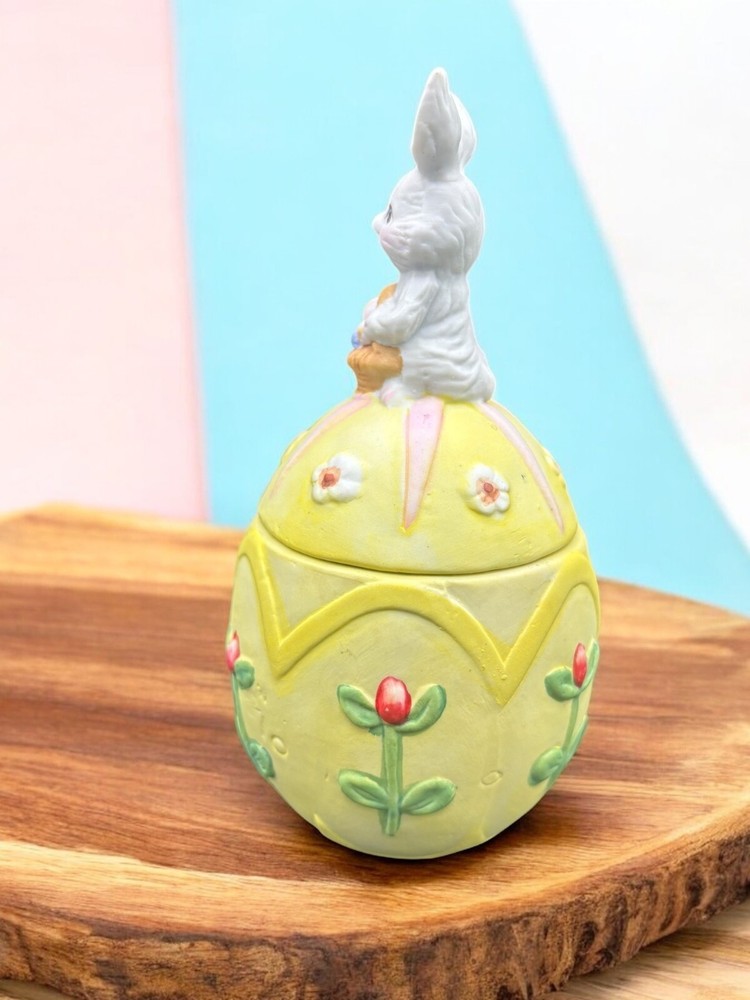 Vintage Porcelain Easter Bunny Easter Egg Shape Covered Box Dish Trinket Dish