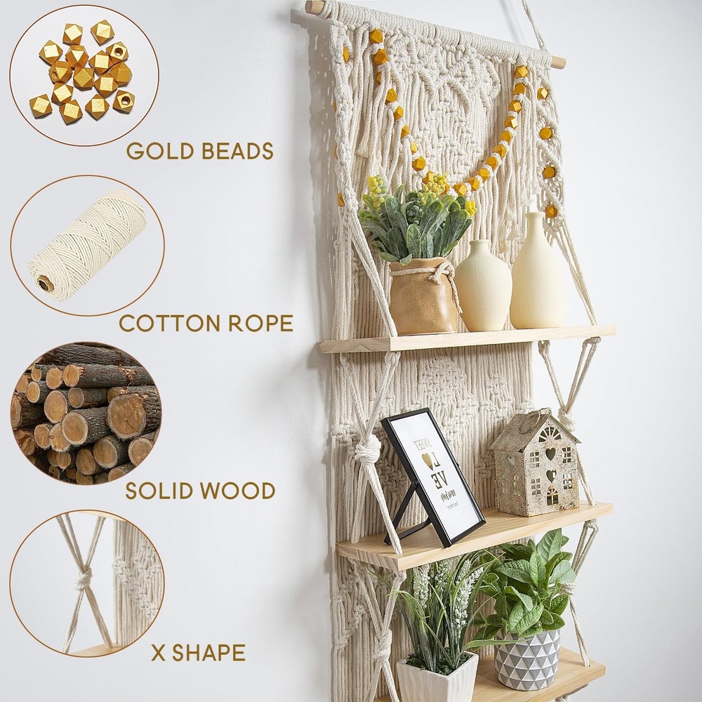 Macrame Wall Hanging Shelf- Macrame Shelves Handmade Decorative Floating Boho...