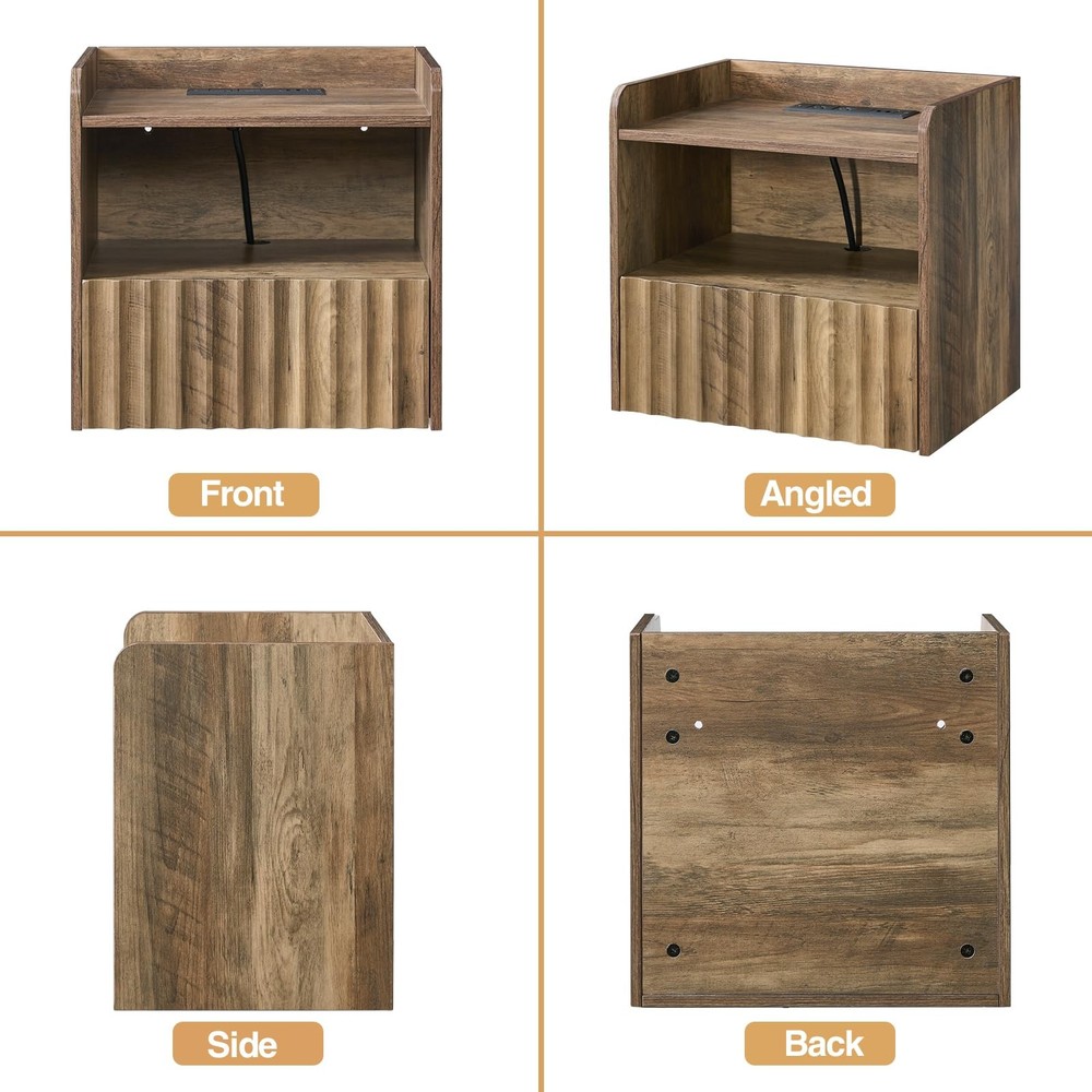 Modern Fluted Floating Nightstand Wall Mounted - Bedside Table with Storage D...