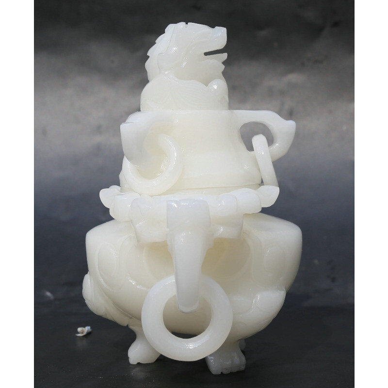 6.5" Chinese White Jade Carved Dragon Head Beast Tripodia Incense Burner Censer