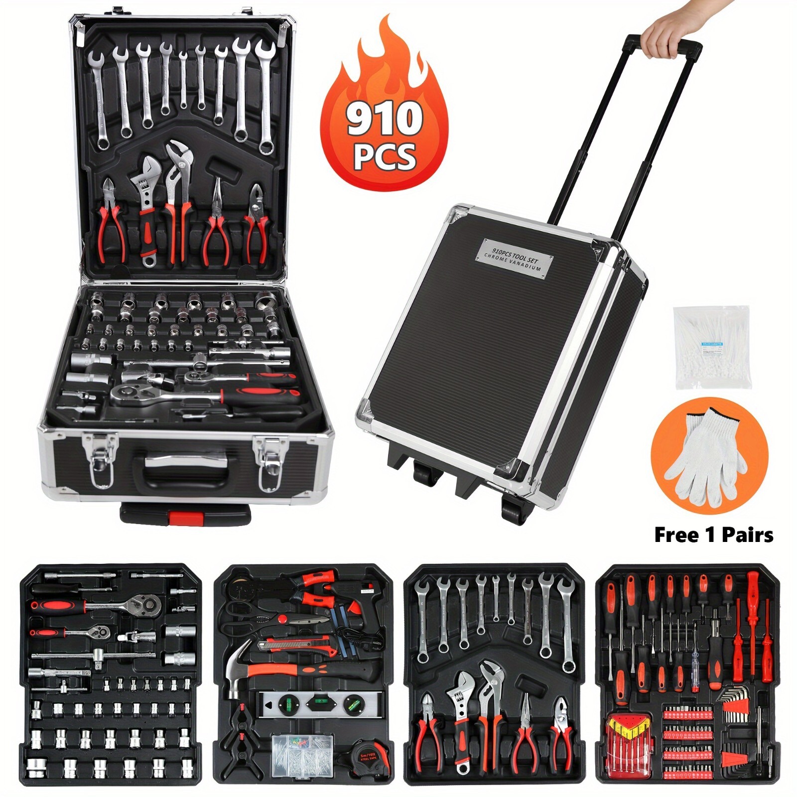 910 Piece Mechanics Tool Set Metric Socket Wrench Set Repair Tool Kit with Case