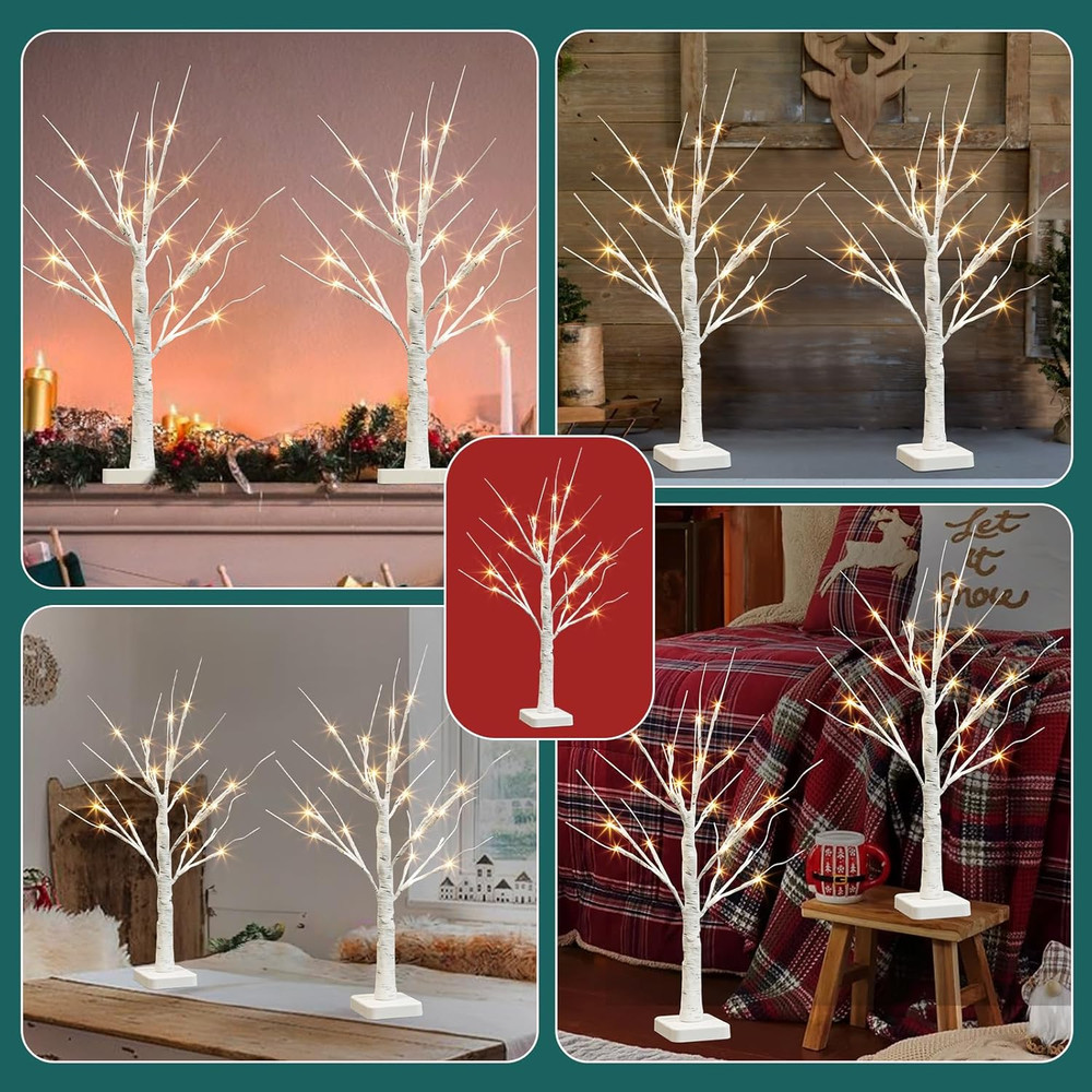 Lighted Birch Tree, 2 Pack Christmas Tree with 24 LED, Tabletop Centerpiece A...