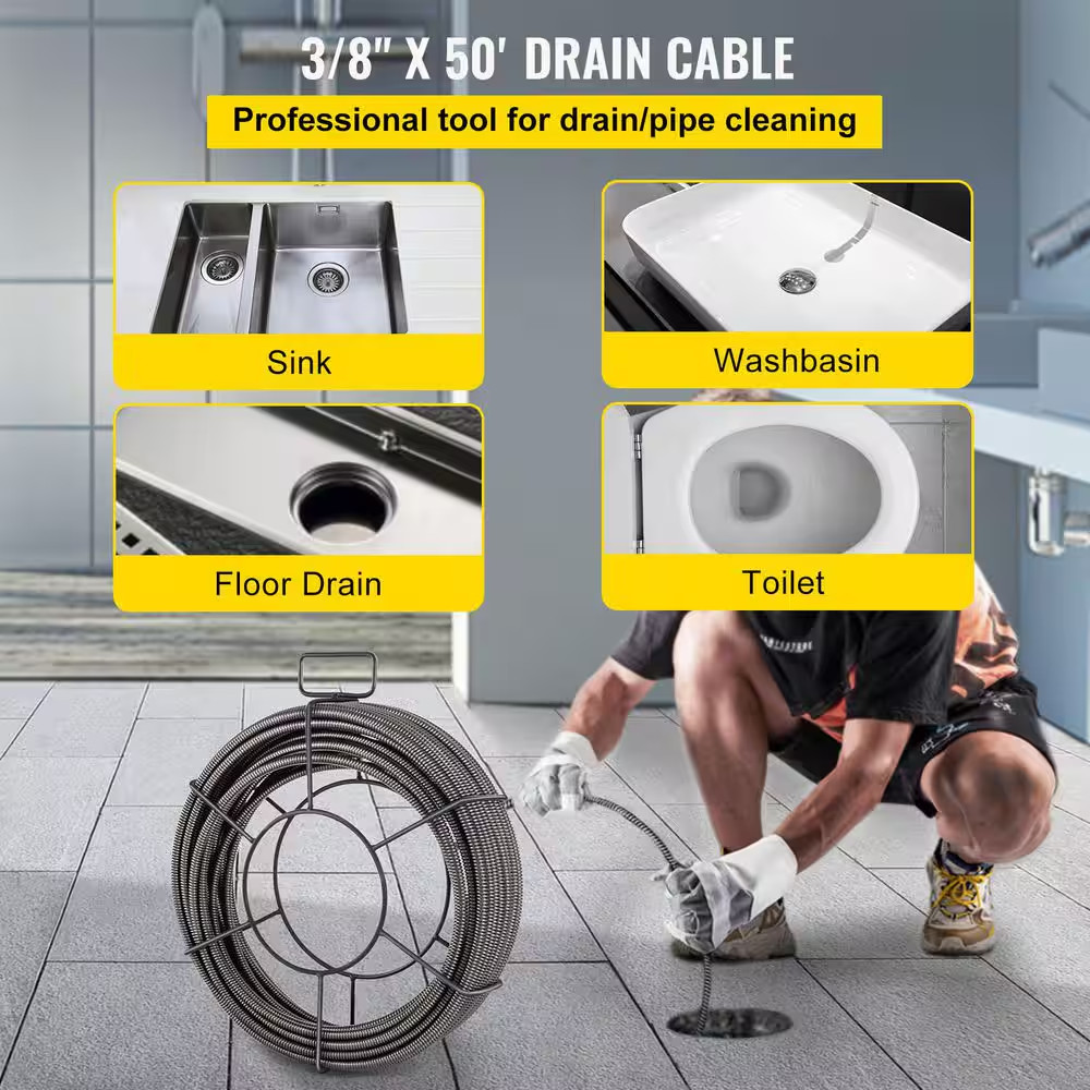 Drain Cleaning Cable 50 Ft. X 3/8 In. Solid Core Cable Sewer Cable Drain Auger C
