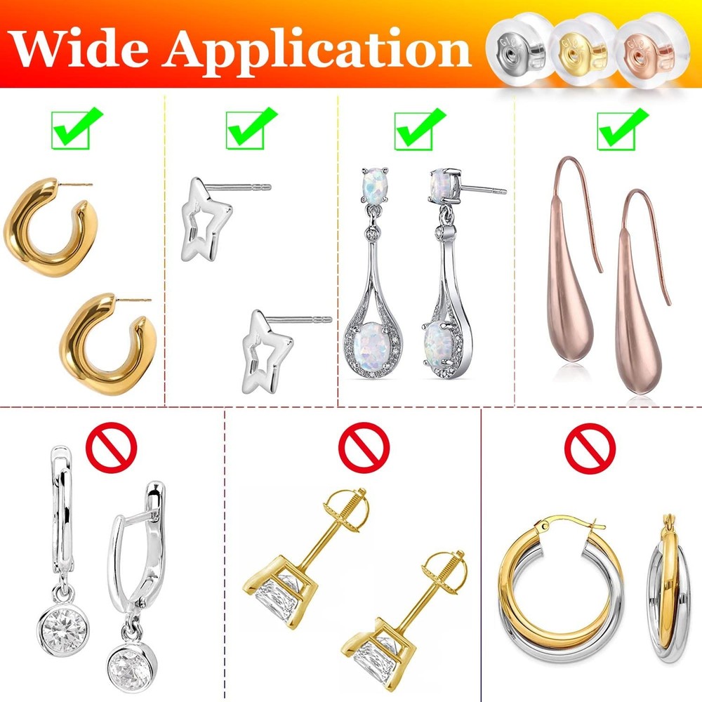 18K Gold Locking Secure Earring Backs for Studs, Silicone Earring Backs Repla...