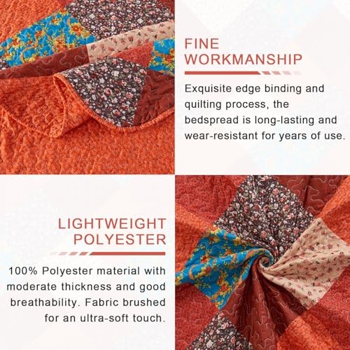Quilt Bedding Set, 3 Piece Multicolour Patchwork Print Bedspreads Queen Orange