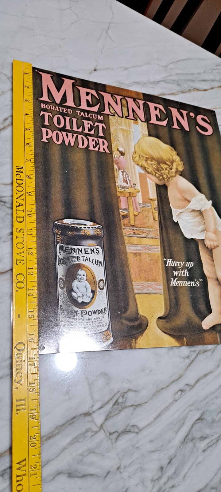 VINTAGE Mennen's Borated Talcum Toilet Powder Tin Baby ADVERTISING Tin SIGN