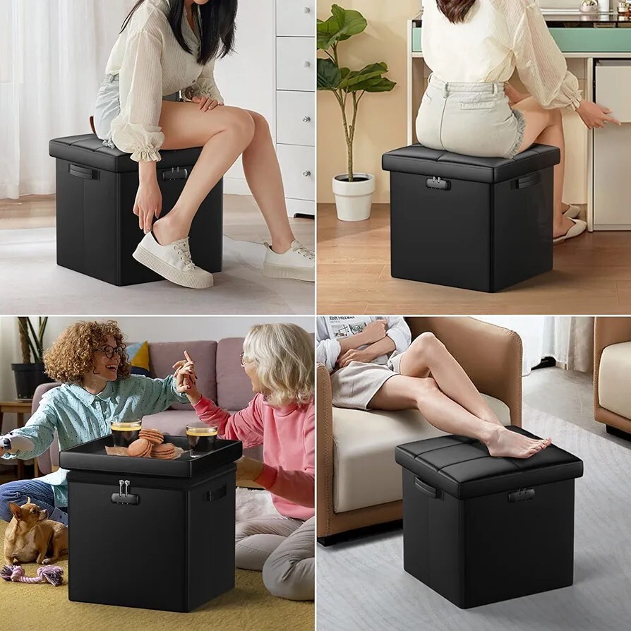 Storage Ottoman Fireproof Folding Ottoman Cube Storage Stool with Lock Leather