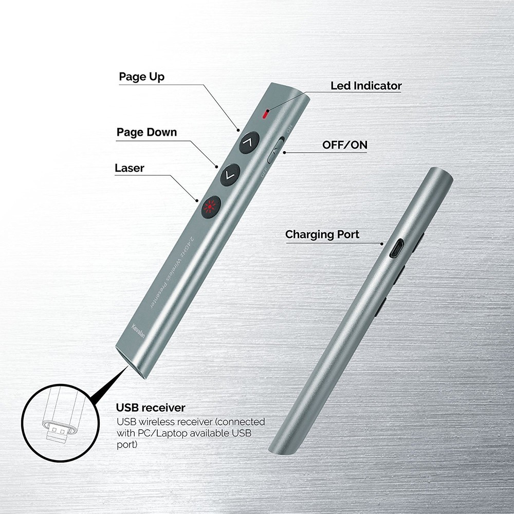 Kavalan Aluminum 2.4G Rechargeable Wireless Presenter Remote Red Pointer , Grey