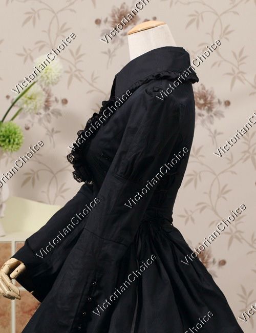 Black Victorian Gothic Maid Mourning Dress Steampunk Witch Halloween Costume 007