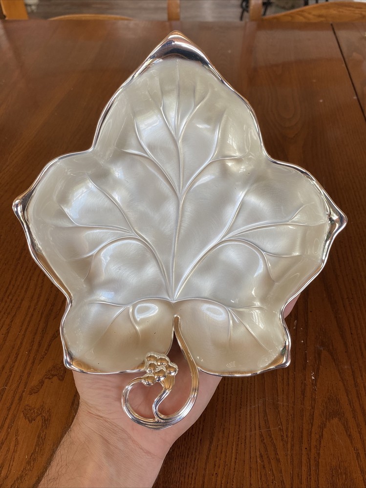 WMF Germany EP BRASS Brushed SilverPlate Footed Grapes 🍇 Handled Leaf Vein Dish