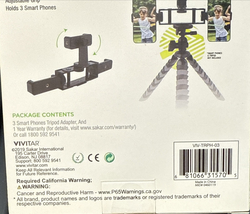 Vivitar Tripod Adapter 3 Smartphones Adjustable Grip Easy Mount