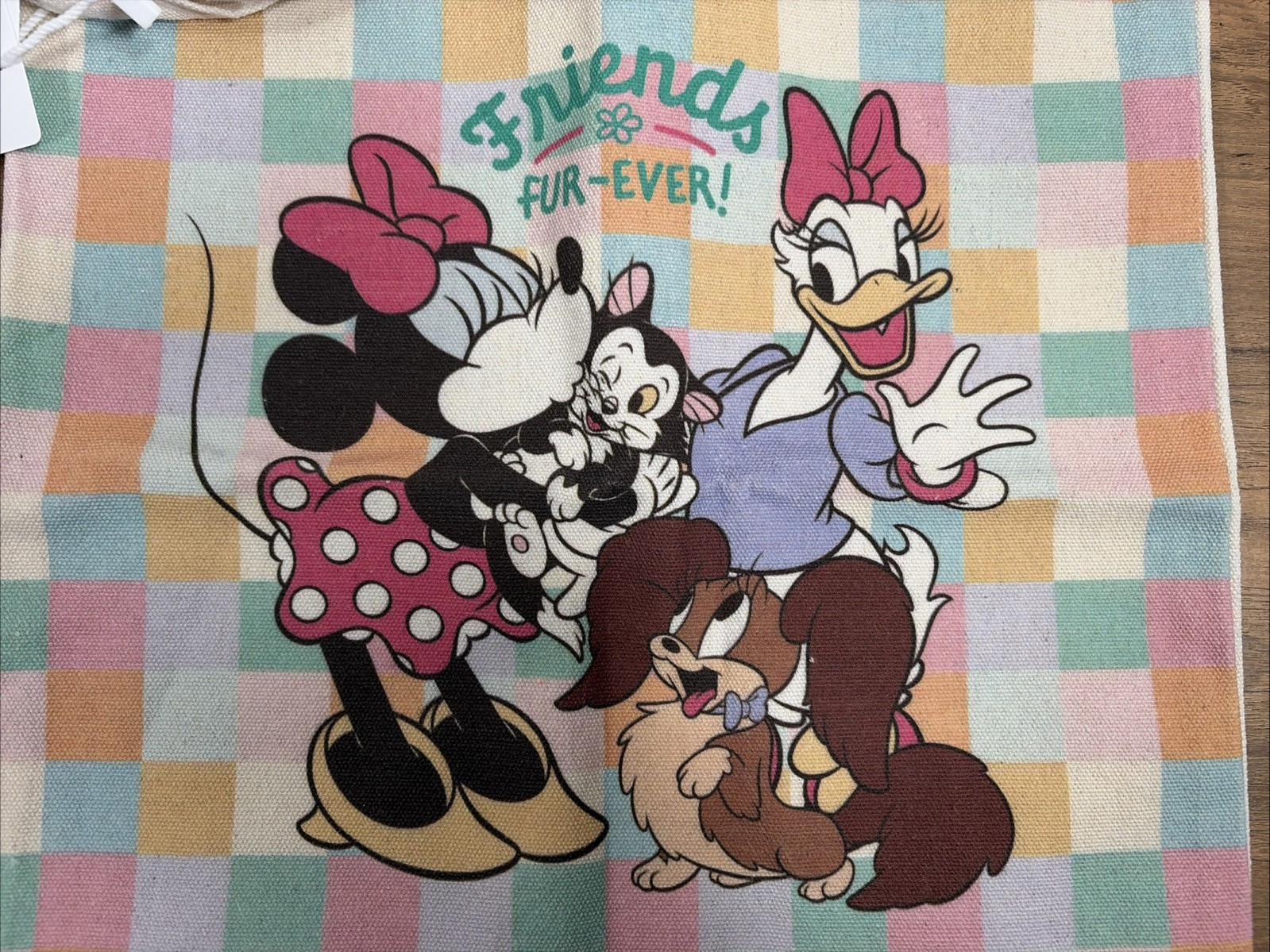 Disney Mickey and Friends Cute Picnic Canvas Tote Bag Pastel Checkered Pattern