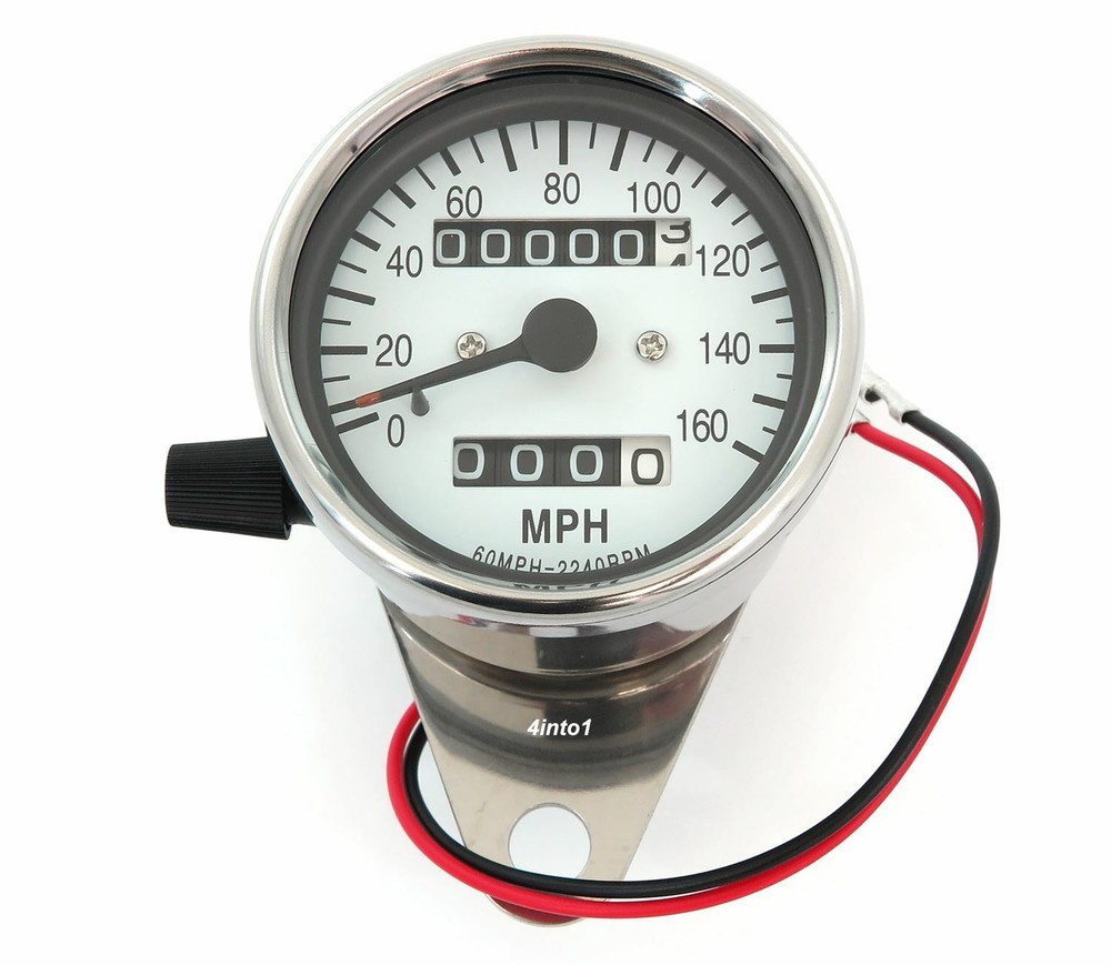 Motorcycle Mini Speedometer w/ Trip Meter - 2240:60 - Chrome & White - MPH