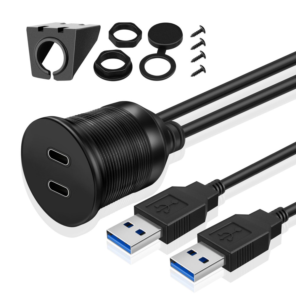 USB C 3.0 Flush Mount Extension Cable for Car Dashboard Panel Dash Mount 3ft 1M