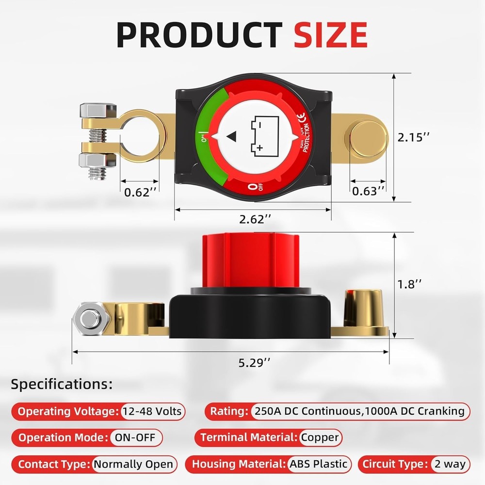 Heavy Duty 250A Battery Disconnect Switch, 12-48V On Off Kill Switch