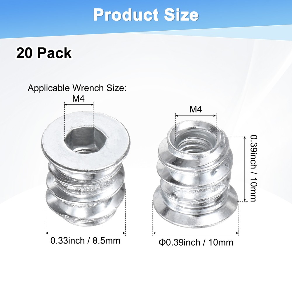 20-Pack Threaded Inserts for Wood, M4x10mm Threaded Insert Nuts [Silver Tone]