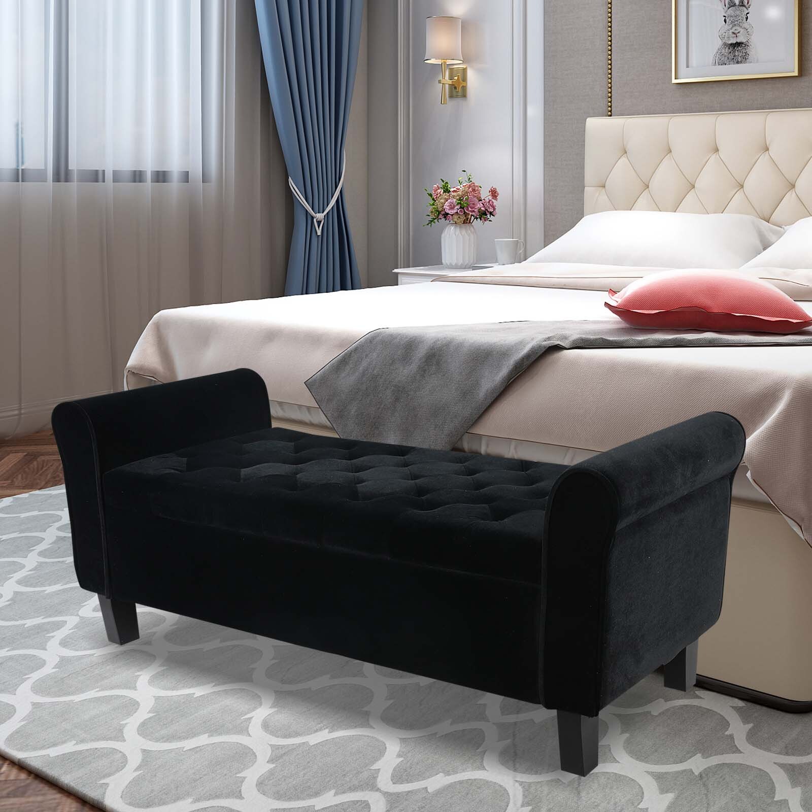 51" Velvet Storage Bench with Ottoman End of Bed Upholstered Couch Black
