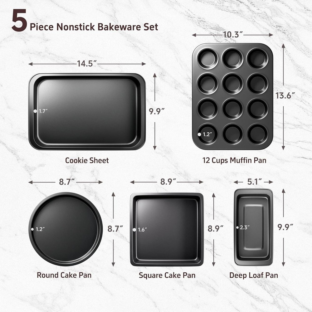 Baking Pans Set, 5-Piece Nonstick Bakeware Sets with Round/Square Cake Pan, Muff