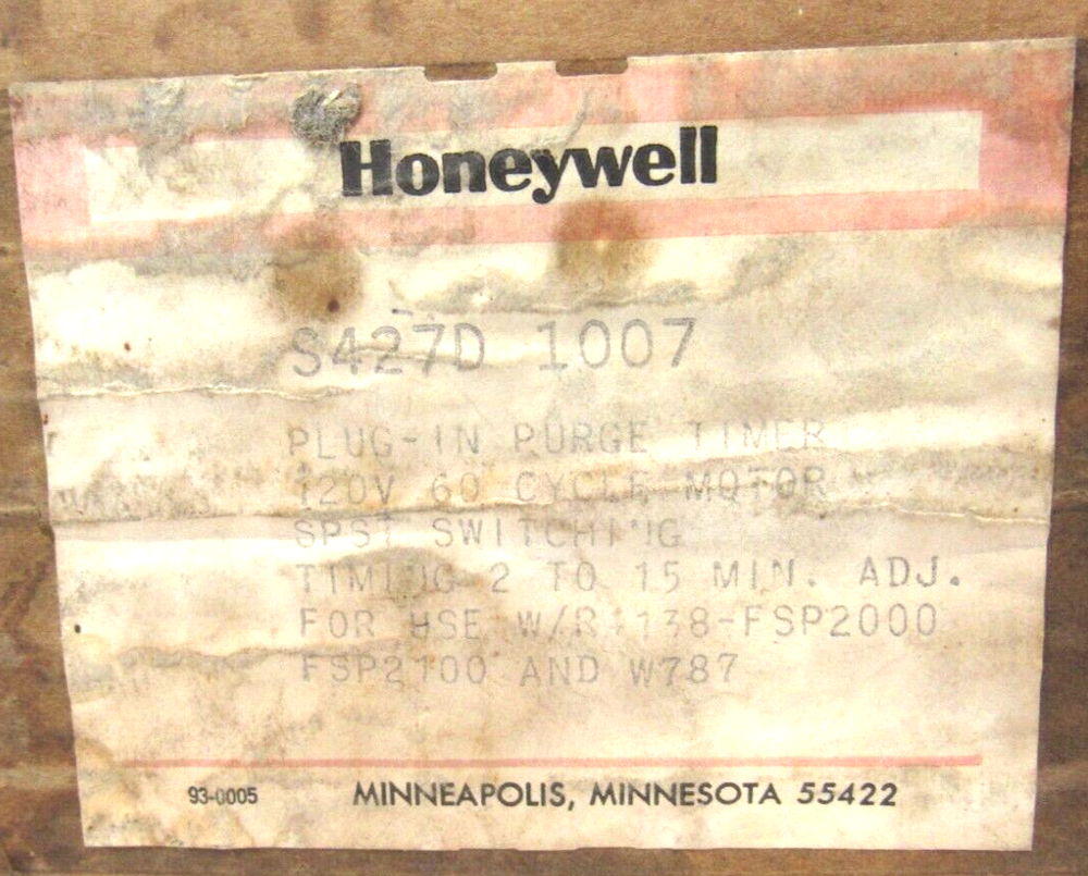 NEW HONEYWELL S427D-1007 PURGE TIMER S427D1007