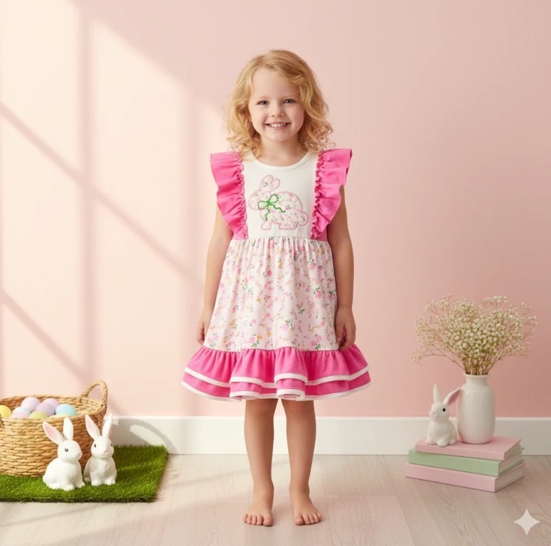 NEW Boutique Easter Bunny Rabbit Girls Floral Sleeveless Ruffle Dress