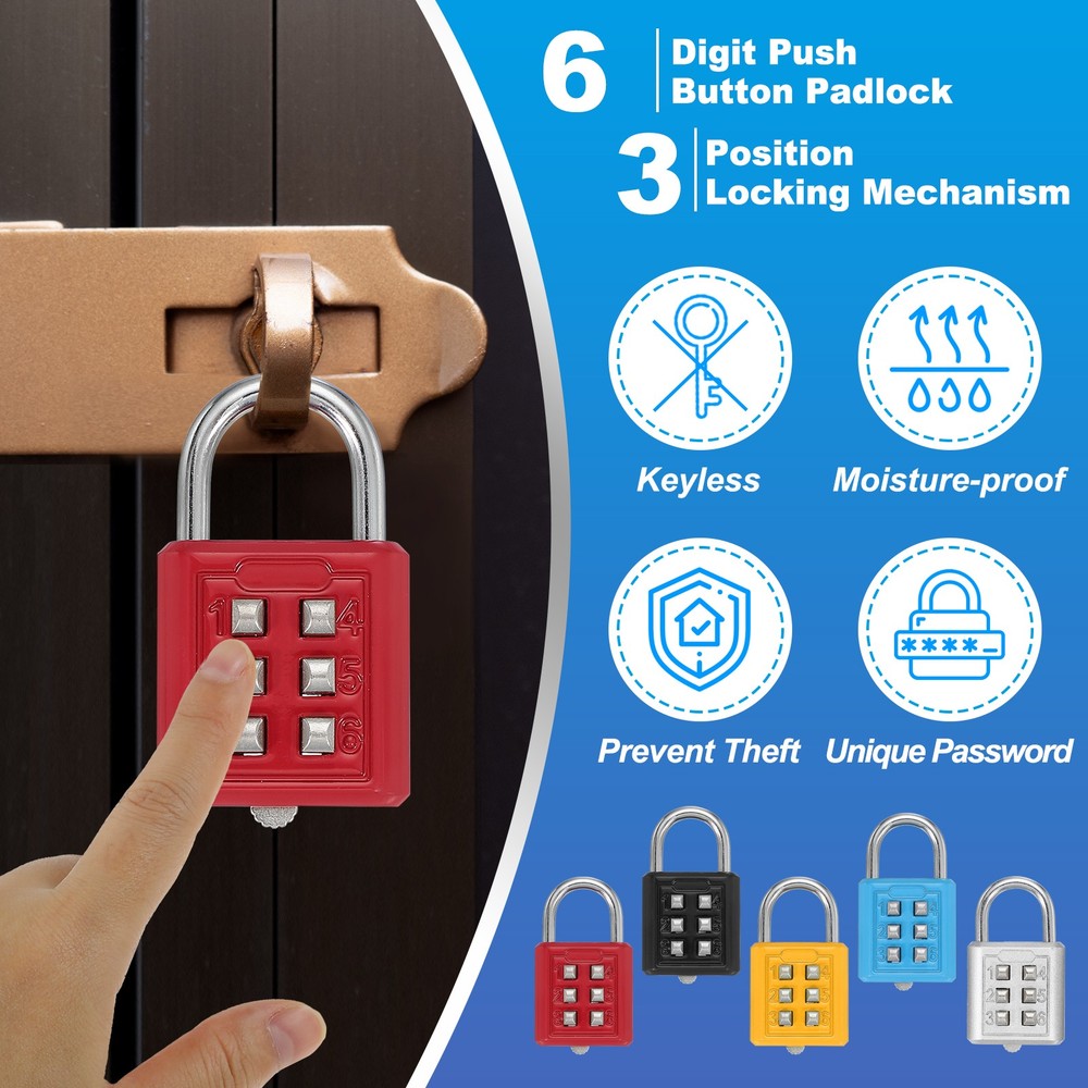 2Pcs Push Button Combination Padlock 6-Digit 3-Position Lock Red