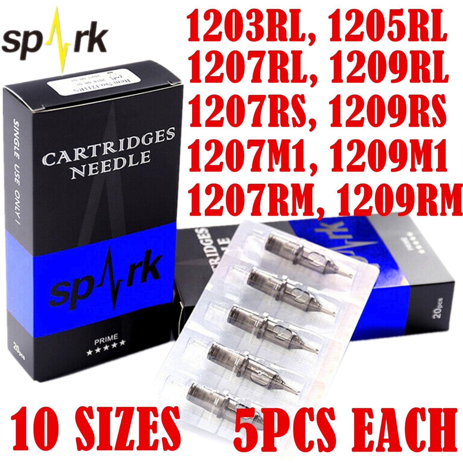 Tattoo Mixed Cartridge Needle Combo 10Sizes 5PC Each:3,5,7,9RL 7,9RS 7,9M1 7,9RM